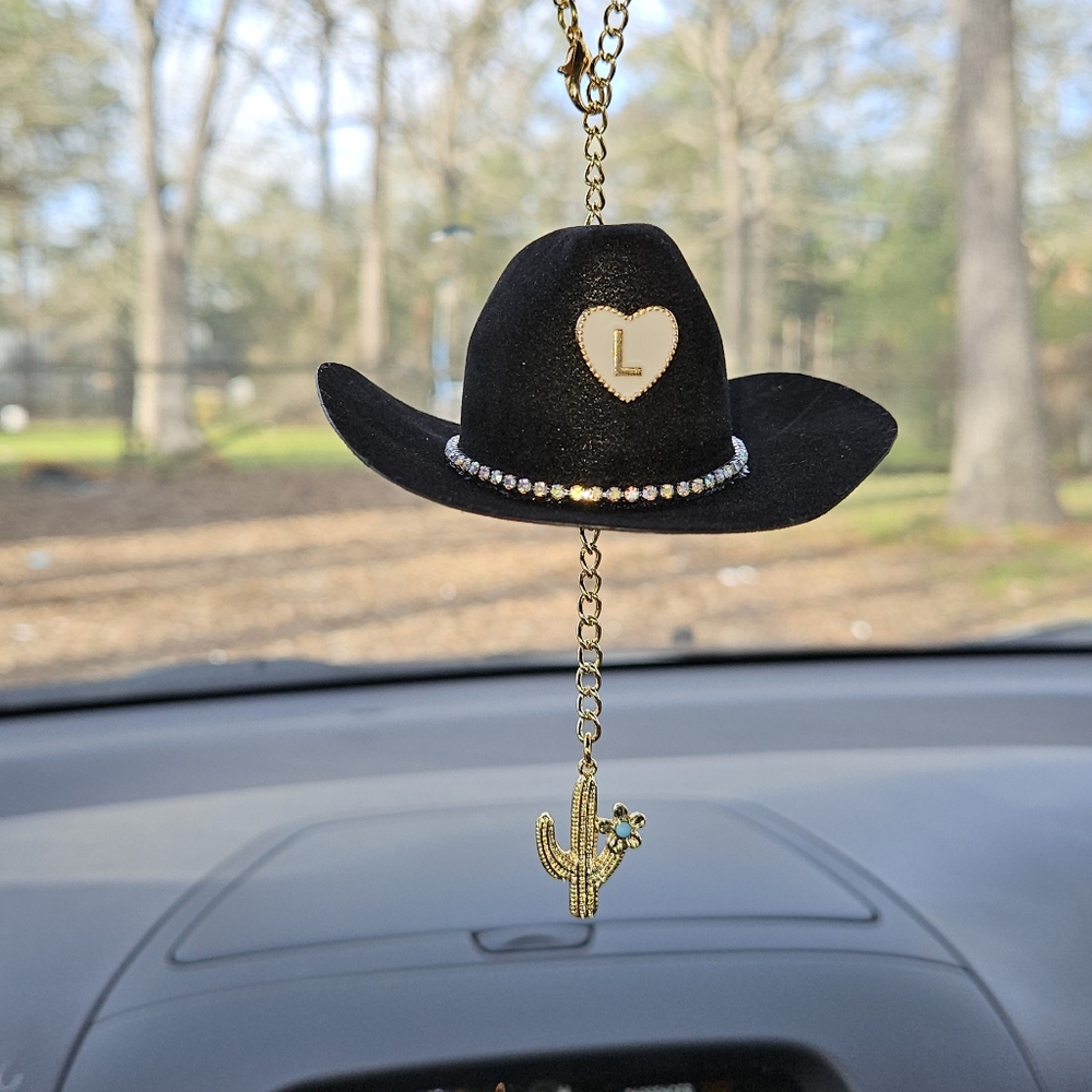 Mini Cowboy Hat Car Charm,Rear view Mirror Accessories,Custome Letter Initial